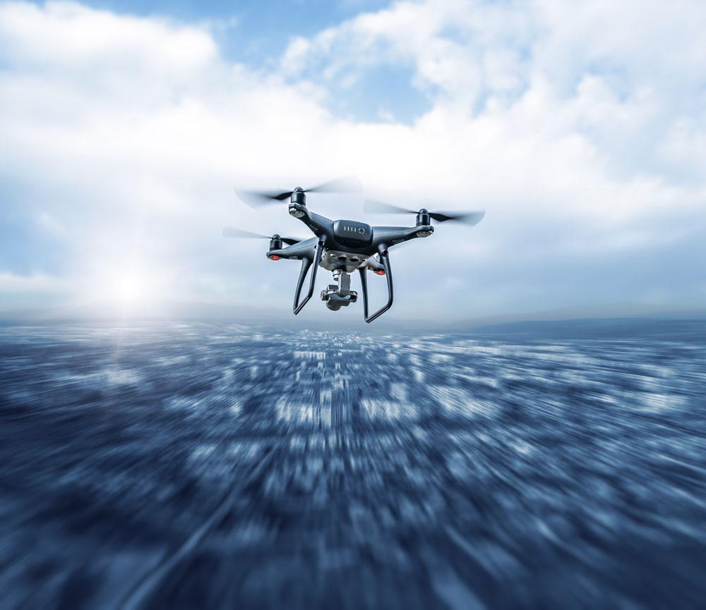 Drone flying over a city