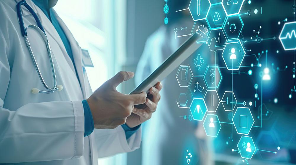 Doctor uses technology on a tablet.